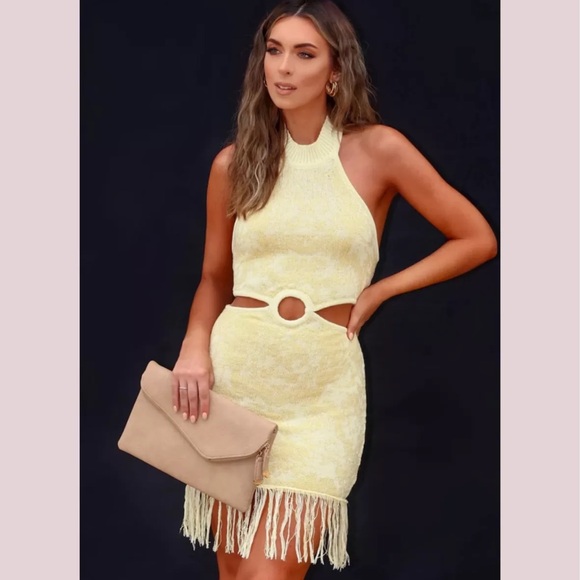 Lush Dresses & Skirts - Lush Soft Yellow Knit Fringe Halter Dress - Size XS